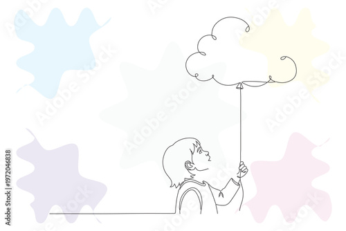 Continuous Line Drawing of a Child Reaching for a Balloon with Pastel Background, Hand-Drawn Illustration of Love and Childhood Dreams