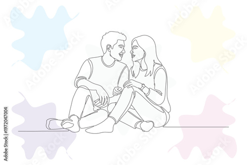 Continuous Line Drawing of a Couple in Love, Minimalist Illustration with Pastel Background, Hand-Drawn Style for Modern Design and Romantic Concepts