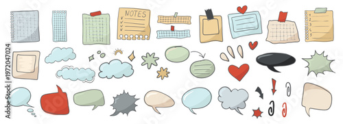Collage torn paper notes, speech bubbles, hearts, stars, arrows and decorative elements for planning, journaling and UI design.