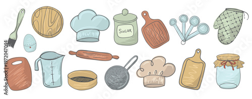 Kitchen baking tools for culinary and Cooking essentials stuff cookware utensil vector cartoon hand drawn illustration Culinary equipment Food preparation instruments. Chef gadgets Vintage kitchenware
