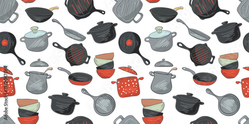 Seamless pattern kitchen stuff cooking essentials with pots pans and cookware for food branding packaging design projects.