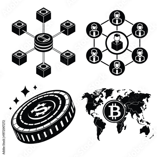 Global Bitcoin Network with User Community and World Map illustration