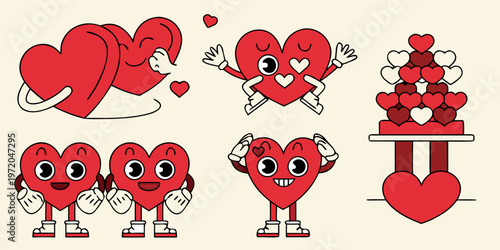Charming red heart characters with faces in a playful cartoon illustration