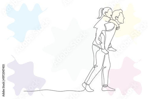 Continuous Line Drawing of a Loving Couple Giving a Piggyback Ride, Hand-Drawn Style with Pastel Background Elements