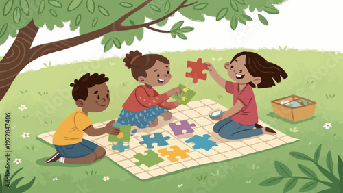 Diverse kids assembling colorful puzzles together outdoors under a tree on a blanket