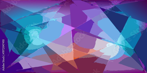 Abstract geometric artwork featuring vibrant shades of purple blue and orange