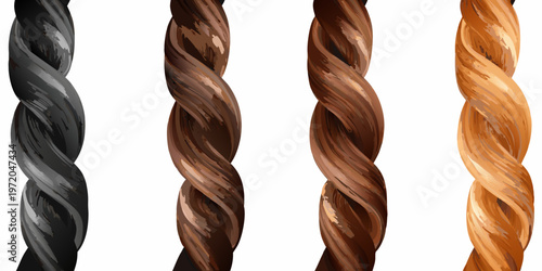 Four braided hair strands showcasing varying shades of brown and blonde