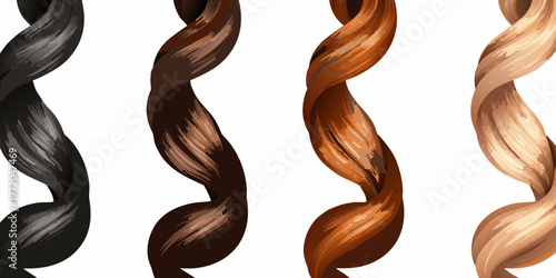Four strands of hair with varying shades of brown and blonde tones