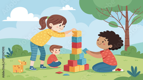 Children playing outside with colorful toy blocks in a park