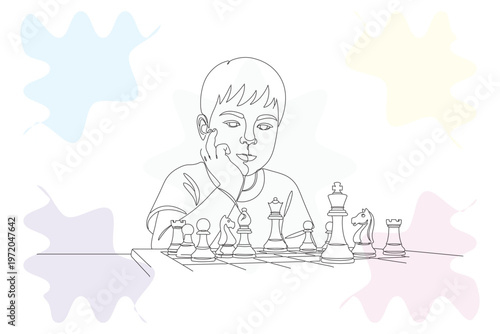 Continuous Line Drawing of a Young Boy Deep in Thought While Playing a Game of Chess, Hand-Drawn Illustration