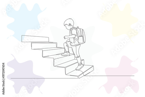 Continuous Line Drawing of a Young Boy Climbing Stairs with Backpack, Hand-Drawn Style, Illustrating Childhood, Education, and Growth