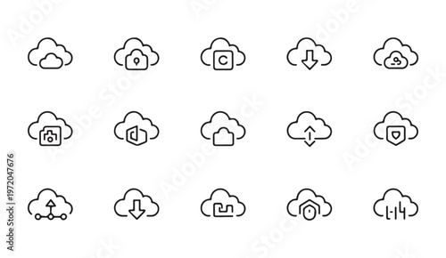 Collection of cloud computing line icons showing data management security file sharing and storage features.