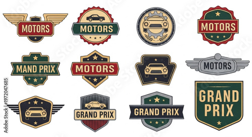 Collection of vintage car emblems and badges with motors and grand prix themes.