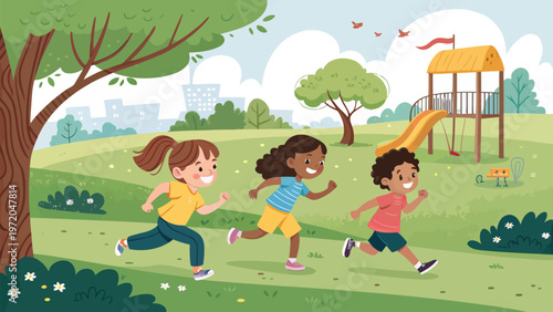 Diverse kids running together in a park on a sunny day playing and chasing each other with joy and laughter
