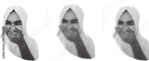 A sequence of three monochrome halftone portraits showing a woman smiling white wearing a hijab 