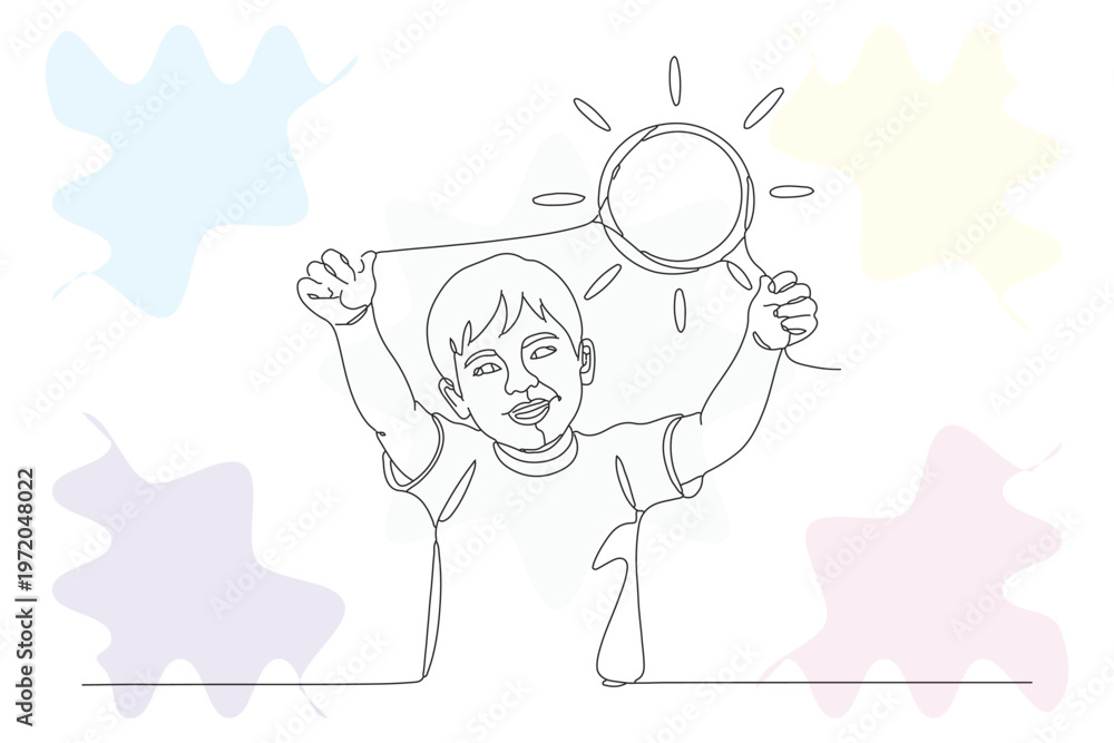 Obraz premium Continuous Line Drawing of a Young Boy with Magnifying Glass, Exploring and Discovering with Joyful Expression, Hand-Drawn Illustration