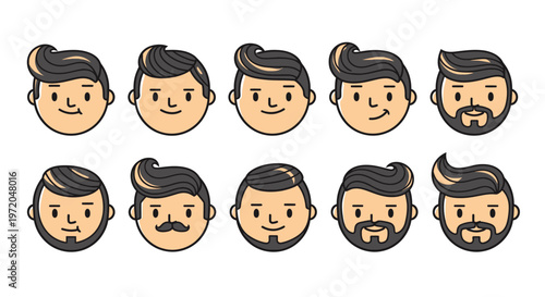Set of diverse cartoon male faces with various hairstyles and facial hair styles, perfect for character design and avatar creation