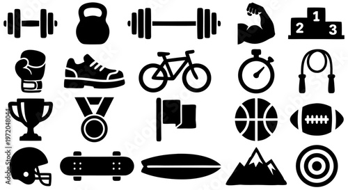 Comprehensive vector set of black fitness and sports icons featuring workout equipment, competition trophies, and outdoor activity symbols for gym branding and health app UI design