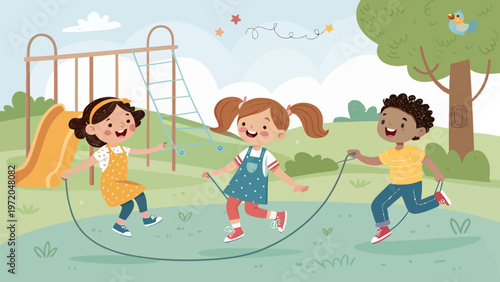 Diverse kids skipping rope together in a vibrant playground with swings and slides on a sunny day