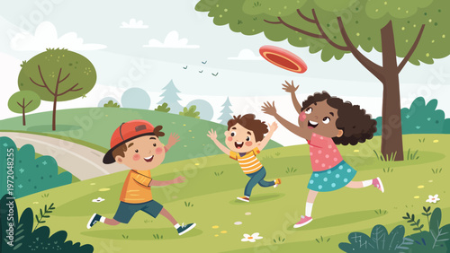 Children playing with frisbee in a park on a sunny day with trees and flowers