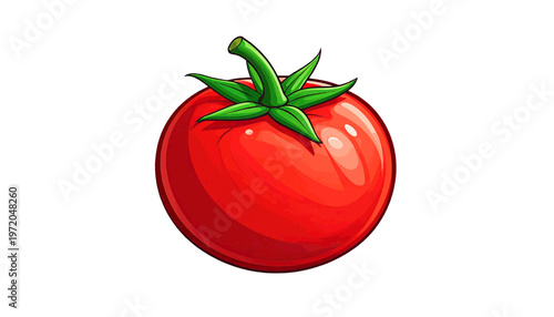 Ripe red tomato with smooth skin and green stem presented as fresh vegetable ingredient illustration vector
