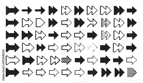 Set of black pixel arrows isolated on white background. vector collection of different shapes and directions.