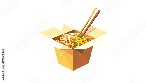 Open takeout noodle box with chopsticks lifting steaming noodles as casual fast food meal illustration vector