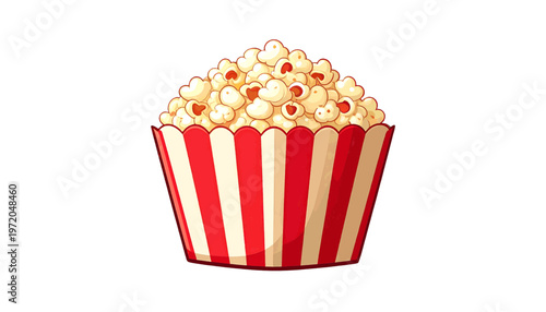 Striped bucket filled with popcorn shown as light snack food for entertainment in clean illustration style vector