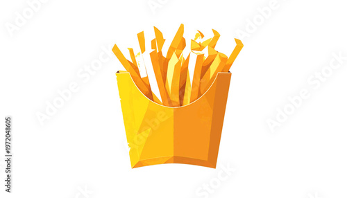 French fries in yellow carton presented as crispy fast food snack in clean illustration style vector