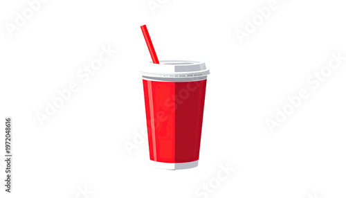 Red soda cup with straw shown as refreshing soft drink beverage in minimal illustration style vector