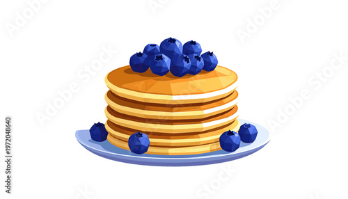 Stack of pancakes topped with blueberries displayed as sweet breakfast meal in clean illustration style vector