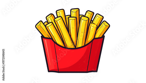 French fries in red container displayed as crispy potato snack in minimal illustration style vector