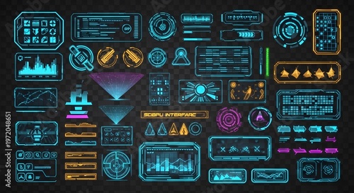 Futuristic cybernetic control interface with vibrant digital displays