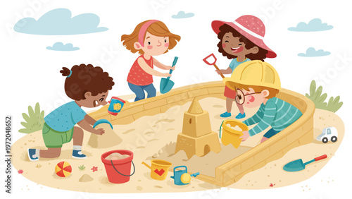 Children play with buckets and shovels building sandcastle on sunny beach with friends