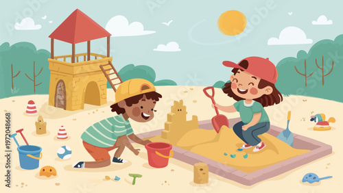 Two happy children playing with sand buckets and shovels on a sunny beach with a sandbox and playhouse