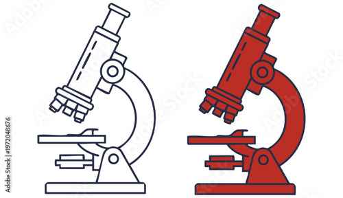 Microscope icon for science, research, lab, hospital. Vector line and solid icons.