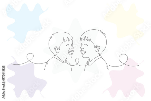 Continuous line drawing of two smiling children sharing a joyful moment, representing love, connection, and childhood innocence in a minimalist style.