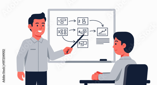 Business coach explaining workflow diagram on whiteboard to attentive student in classroom setting
