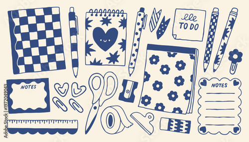 Vector collection of school stationery and office supplies. Hand drawn doodle set with notebooks and scissors in minimalist mediterranean style