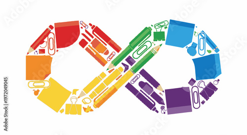Infinity symbol made of colorful stationery and art supplies, representing creativity, endless possibilities, and learning.