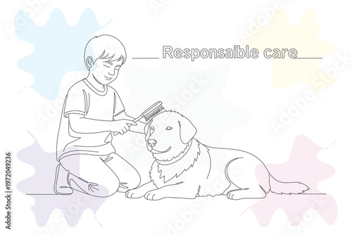 Gentle Child Brushing Loyal Dog with Care - Continuous Line Illustration of Pet Grooming and Affectionate Bond