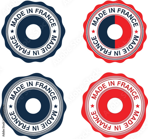 Set of Made in France circular quality labels and product origin stamps with national colors