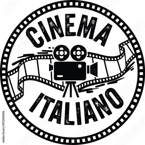 Cinema Italiano logo design with film strip and vintage movie camera illustration for film festival