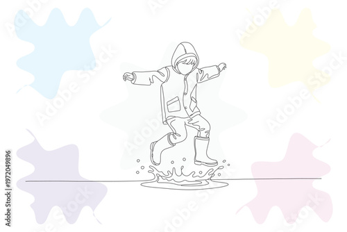 Foto Joyful Kid Splashing in Puddle - Continuous Line Drawing of a Child in Raincoat,