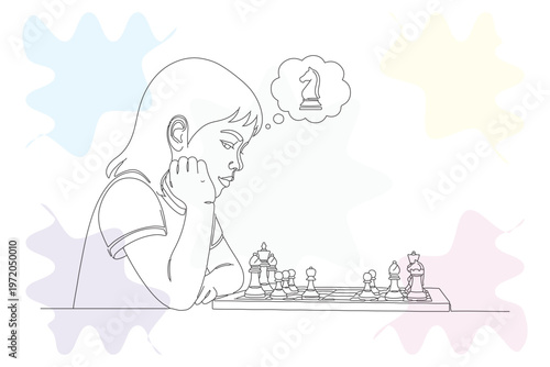 Thoughtful young girl deeply focused on a chess game, continuous line drawing, pastel background, hand-drawn illustration for children's concepts.