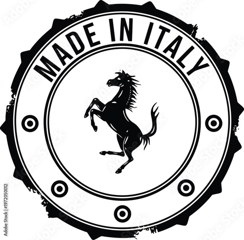 Made in Italy vintage stamp emblem with a prancing stallion silhouette isolated on white background