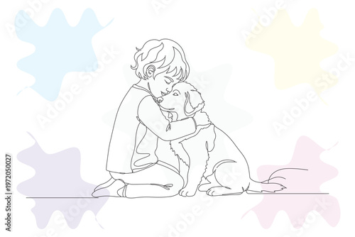 Touching moment of a child embracing a dog in a continuous line drawing, expressing affection and companionship, perfect for heartwarming illustrations.