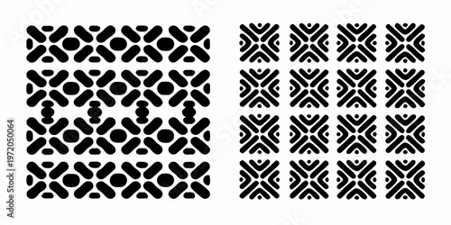 Geometric black patterns arranged in repeating rows and columns