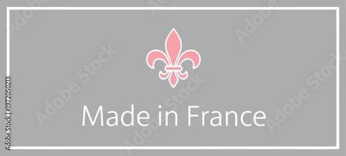 Made in France label with pink fleur de lis icon on gray rectangular background design