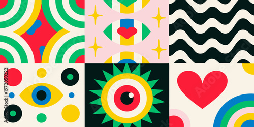 Colorful geometric patterns arranged in a grid of nine squares